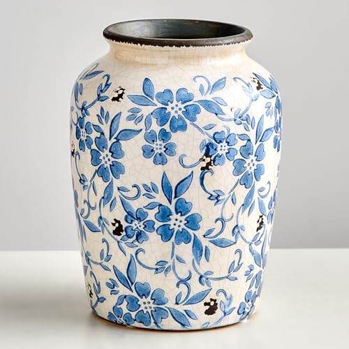 Jarrón de cerámica azul y blanco, jarrón azul, jarrón de flores para decoración de hierba de Pampas, jarrones chinoiserie decoración, jarrón azul para casa, salón, estantería, mesa central
