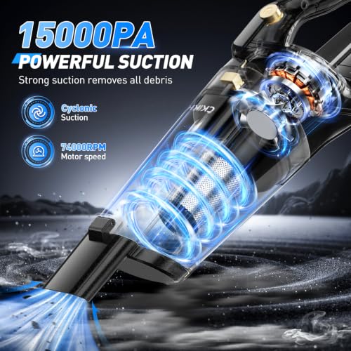 Image of CKIKH Handheld Vacuum Cordless, 15000PA Hand Held Car Vacuum Cleaner | Powerful Suction Rechargeable Vacuum, Portable, LED Light, Multi Accessories, for Home, Office, Pet Hair and Car