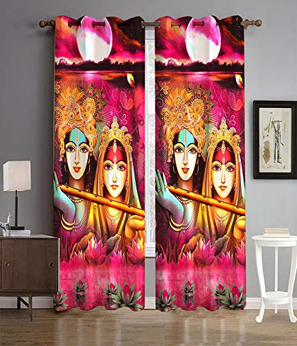 DECOMIZER Polyresin 3D Digital Printed God Pink Radhey Krishna Print Curtains for Home Polyester Knitting Door Curtain Multicolor for Pooja ghar mandir Home 4 x 7 Feet Door Curtain - 1 Piece