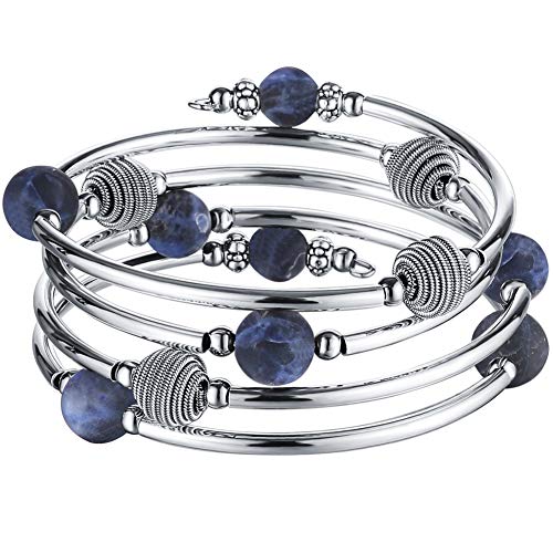 PEARL&CLUB Beaded Chakra Bangle Turquoise Bracelet - Fashion Jewelry Wrap Bracelet with Thick Silver Metal and Mala Beads, Birthday Gifts For Women