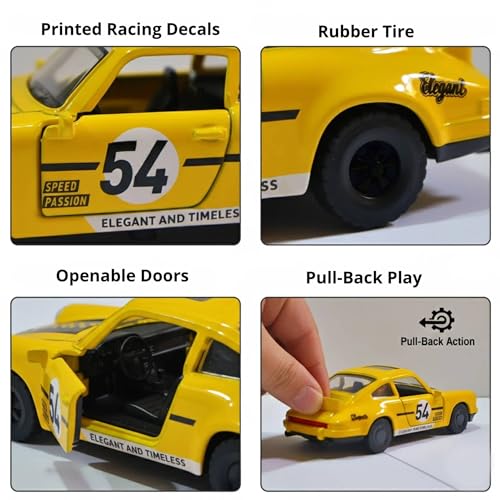 Image of SHAKTISM Die Cast Metal Toy Cars Set - 1:43 Scale Pull Back Action Cars with Open Doors, 4 Model Designs, Mini Vintage Car Collection for Kids Boys Girls, Gift Toy (Yellow Diecast Model)