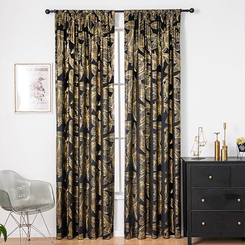 Homxi Cortina Comedor 2 Paneles Opacas,2 x 132W x 213H CM,Cortinas Dormitorio Patrón de Hojas Negro Oro Cortina Bolsillo