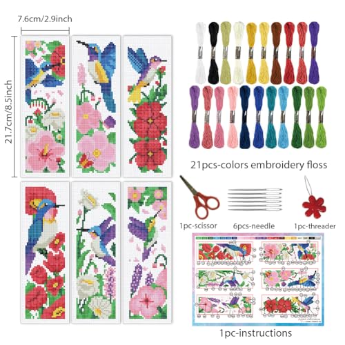 Image of INFUNLY 6pcs Hummingbirds Cross Stitch Bookmark Kit for Adults Beginners Flowers DIY Cross Stitch Kits Pre-Printed Plants Stamped Embroidery Bookmark Kit with Instruction for Book Lovers Readers