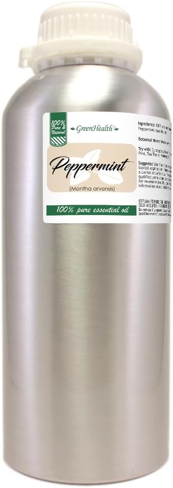 GreenHealth Peppermint Essential Oil – 32 fl oz (946 ml) – 100% Pure & Uncut – Strong Menthol Scent – Aluminum Bottle with Plug Cap – for Diffusers, Cleaning, DIY