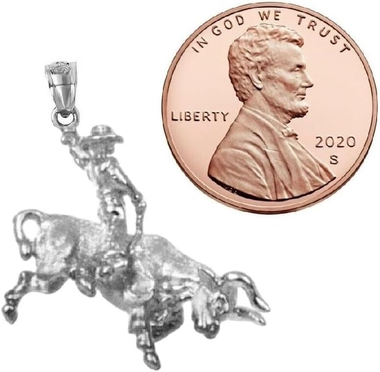 Sterling Silver Cowboy Riding Bull 3D Solid Pendant, Made in USA, Italian Box Chain