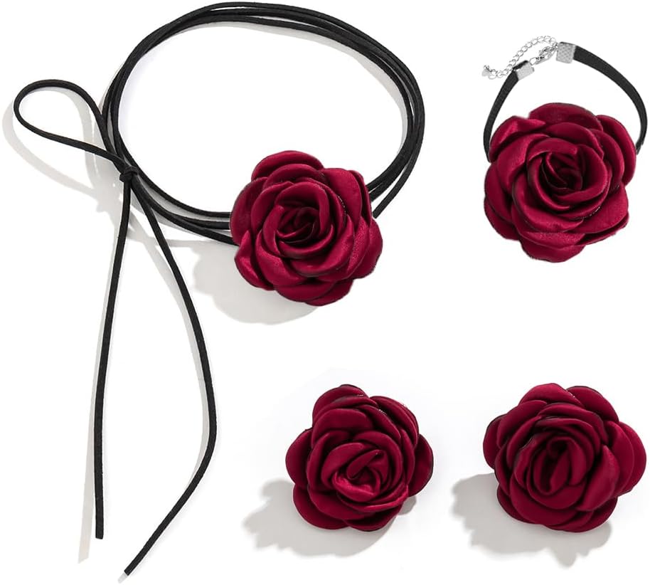 OIDIMS Rose Flower Jewelry Set for Women Classic Velvet Camellia Satin Flowers Choker Necklace Sexy Charms Floral Earring Bracelet for Party Bride Wedding Party Summer Holiday Necklaces