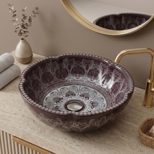 Image of BASSINO 16.5x16.5x5 Inches Designer Moroccan Ceramic Table Top Wash Basin /Matte Maroon Vanity Sink for Bathroom /Handcrafted Countertop Washbasin for Office /Hotel /Bathroom Basin(Matt)