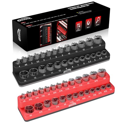 Image of GOOACC 1 /4 inch Magnetic Socket Organizer, 2 Pieces Socket Holder Metric SAE Socket Tray, 1 /4 inch Socket Organizer Tray Holds 52 Standard Sockets for Tool Box Drawer