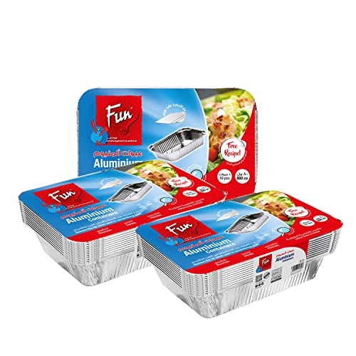 FUN BY AL BAYADER فن Promopack Aluminium Containers with Lids 800Cc/ml-Take away Aluminium Rectangle Food Container Lunch Box with Lids Silver - Pack of 10X3