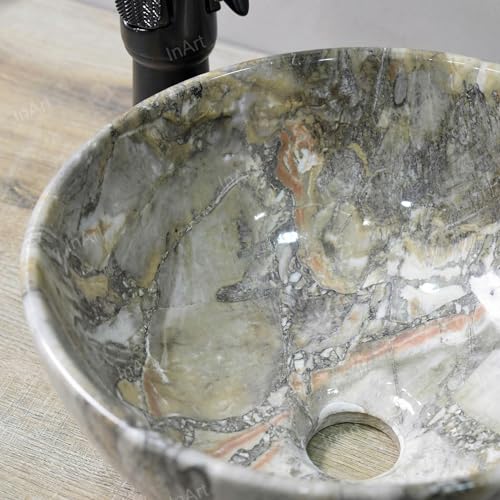 Image of InArt Ceramic Premium Designer Table Top /Over Counter /Vessel Sink Above counter top Wash Basin for Bathroom 13 x 13 x 5 Inch In Round Shape (Green Marble)