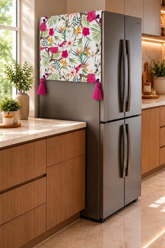 Image of WWW.THROWPILLOW.IN Four Door Fridge Top Cover|Big Size Fridge Cover With Corner Tassels 4 Door Fridge 400+ L|Refrigerator Cover Dustproof Fridge Top Mat|Floral 450 GSM Durable