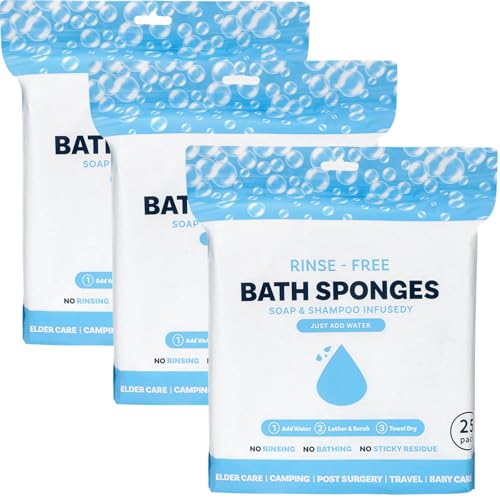 No Rinse Bathing Shower Wipes for Adults. Soap Infused, Disposable Rinse Free Bath Sponges Body Wipes for Elderly for Camping, Elderly, Post Surgery, Gym 75 Count in Total (Unscented, 3 Pack)