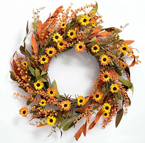 LOHASBEE Artificial Fall Harvest Wreath, 22" Yellow Daisy Autumn Wreath ...