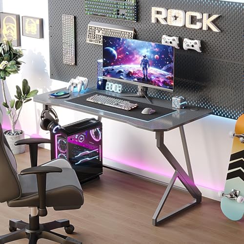 Image of Grandder Gaming Desk Z Shaped 47 Inch Gamer Workstation, Home Computer Carbon Fiber Surface Gaming Desk PC Table with Headphone Hook, Carbon Fiber Grey