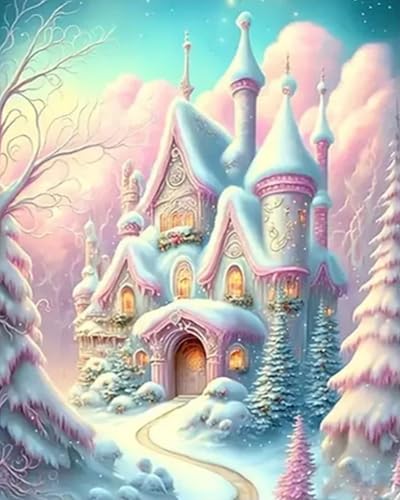 Xpdnmilq Kit de pintura de diamante 5D para niños y adultos, kit de decoración de pared para el hogar, castillo de nieve, 40 x 50 cm