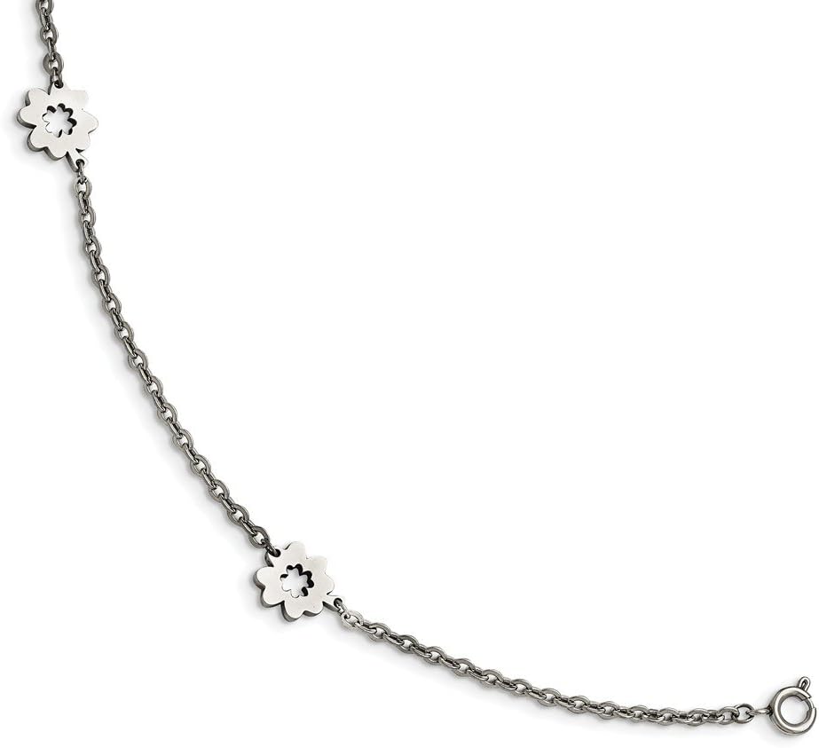 Stainless Steel Polished Flowers with 1in extension Anklet; 9 inch