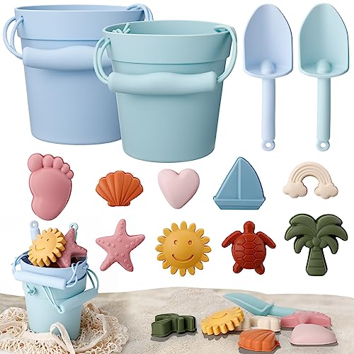 Image of Hungdao 14 Pcs Silicone Beach Toys Travel Beach Set Sand Toys Include 2 Silicone Bucket Pail, 2 Shovel, 9 Sand Molds, 1 Beach Bag for Boys Girls Summer Pool Outdoor Bath Toys (Blue, Green)