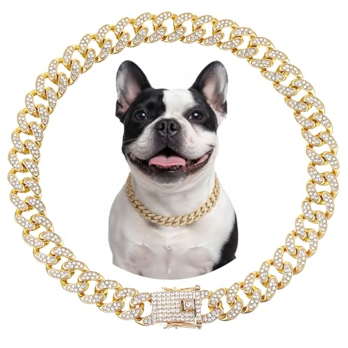Image of Tallew Dog Chain Diamond Collar Gold 16 mm Wide Walking Metal Chain Necklace with Secure Buckle Pet Cuban Style Collar Jewelry Accessories for Small Medium Large Dog Cats(17 Inch)
