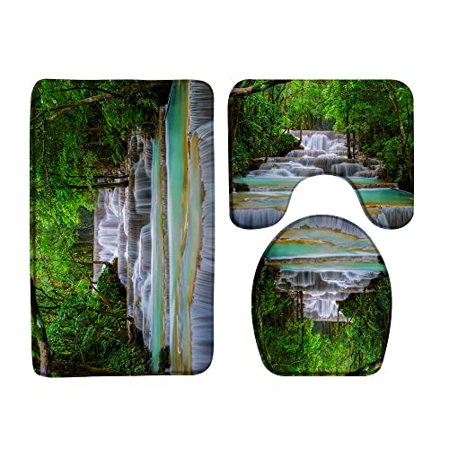 Waterfall 3 Pcs Bath Rugs Set,Green Forest Tropical Jungle Tree Plant Lake Mossy Rocks Spring Summer Nature Landscape Bathroom Kitchen Rug with 16