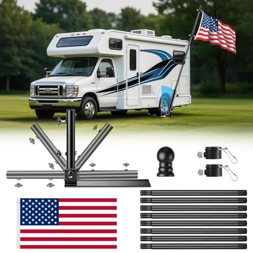 EZIRVLIFE Tailgate Flag Pole and Base Kit for Truck RV 10FT Portable Heavy Duty Flag Pole with 250D American Flag Adjustable 180 Hitch Mount for Camping Stadiums Outdoor Events