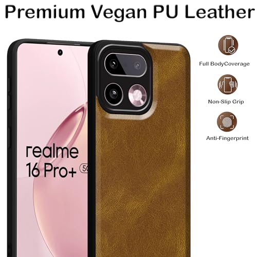 Image of amazon basics Back Cover for Realme 16 Pro Plus 5G | Ultra Slim Soft Rubberised Case | Oil Feel Soft Leather Back | Camera Protection - Tan Brown