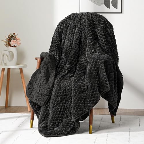 Image of Wemore Fleece Weighted Blanket for Adults (48 inch x 72 inch 15lbs, Black), Dual Sided Cozy Soft Sherpa Heavy Blanket, 3D Imitation Turtle Shell Warm Jacquard Flannel Weighted Blankets