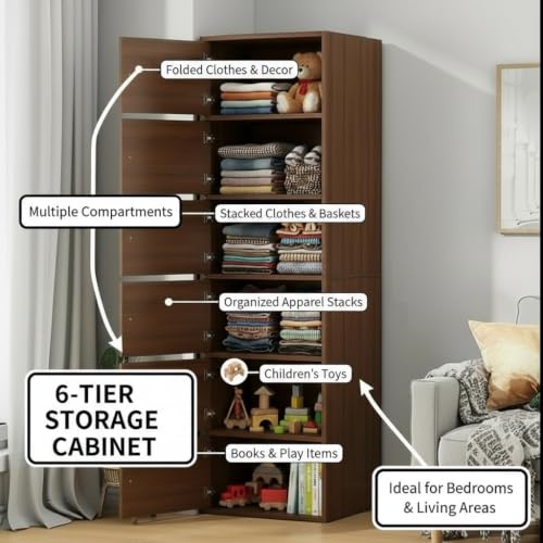 Image of EXVITO Engineered Wood Wardrobe for Bedroom | Foldable 6-Shelf Wooden Storage Cabinet | Cupboard Almirah for Clothes | Collapsible Wardrobe | Space Saving Wooden Cabinet - WALLNUT