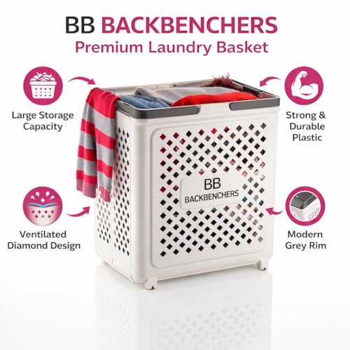 Image of Laundry Bag, Large Laundry Basket, Durable Plastic Storage Basket with Ventilated Diamond Design With Wheel At Bottom, Grey Rim Bathroom & Bedroom Organizer, 45L (PACK OF 1)
