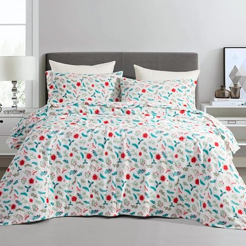 Elegant Comfort Luxuriously Soft 4-Piece Holiday Velvet Plush Flannel Sheet Set - Premium Quality - Cozy Warm, Christmas Fuzzy Velvet Flannel Fleece Deep Pocket Sheet Set - Twin, Winter Bloom