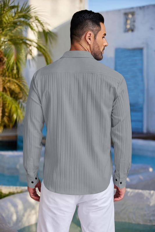 Image of FINIVO FASHION Men's Casual Cotton Blend Plain Button Down Shirt Long Sleeve Textured Summer Beach Shirt for Men