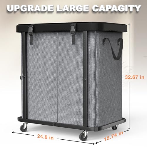 Image of 190L (50 Gal) Large Fashion Laundry Basket with Wheels, Leather Patchwork Rolling Hamper Carts, Sturdy Metal Frame, Removable Washable Bag, Tall Clothes Sorter for Bedroom - Gray