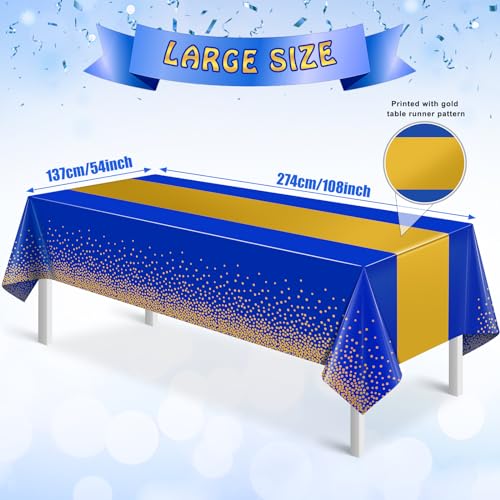 Image of 12Pcs Blue Gold Tablecloth Party Decorations,Plastic Royal Blue Table Cloth Printed Gold Tables Runner Disposable Rectangle Table Cover for Birthday Anniversary Wedding Graduation Party,54 x108 Inch