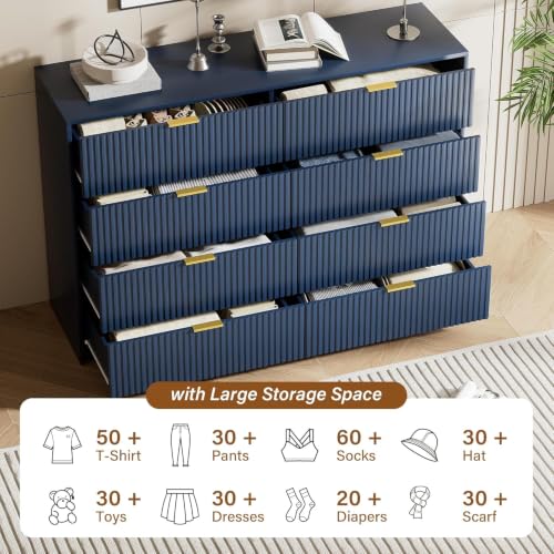 Image of Furniway 3 Piece Bedroom Set, 8 Drawer Dresser and 3-Drawer Nightstand Set of 2 with Gold Handles, Navy Blue Modern Wood Chest of Drawers Storage Cabinet for Bedroom