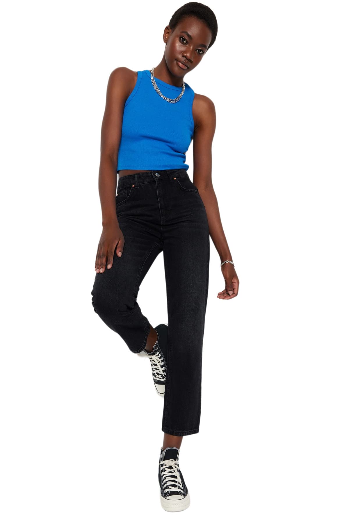 Trendyol Mujer Negro Vaquero Mom De Tiro Alto