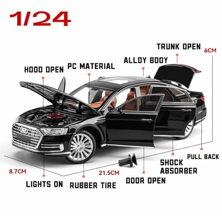 Image of SPITEN Audi A8 1:24 Diecast Scale Model Metal Pull Back Toy car for Kids with Openable Doors & Light, Music Toy Vehicle for Kids - Colors as Per Stock(Multicolour)