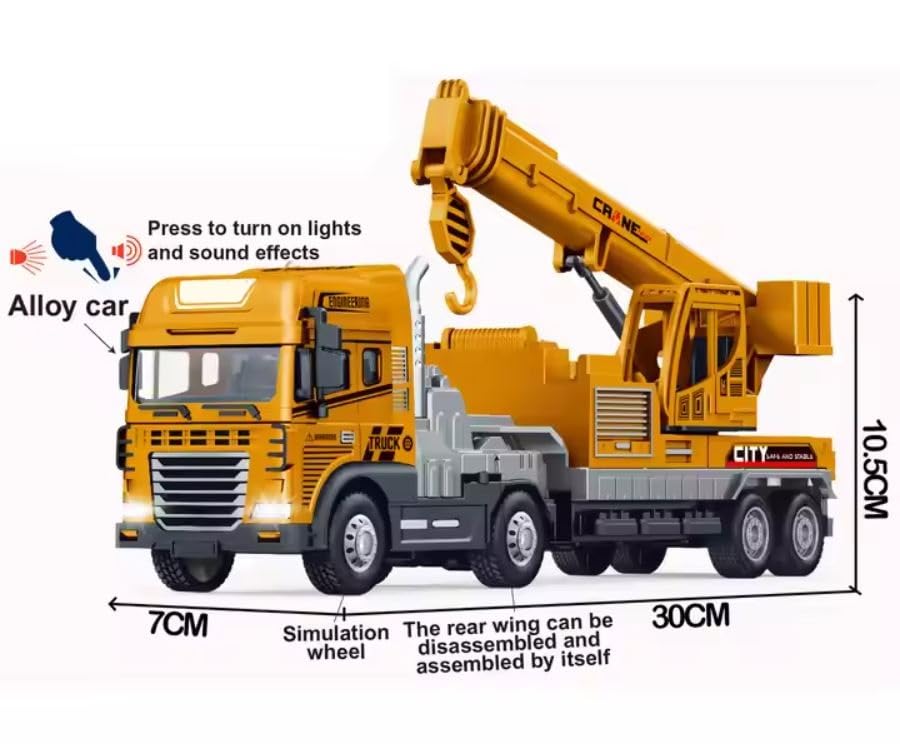 Image of Friction Powered Crane Construction Transport Truck with Lights Sounds Die cast Alloy Model Engineering Crane Toy for Kids Boys Pull Back Vehicles