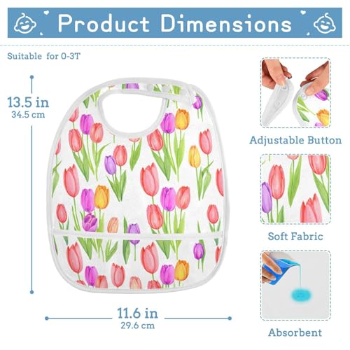 MCHIVER Tulip Flower White Baby Bibs for Boy Girl Toddler Waterproof Feeding Bib Apron with Food Cather Adjustable Cotton Food Eating Bib 2 Pack2