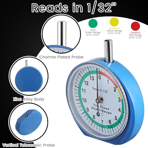 Image of Tallew 10 Pack Tire Tread Depth Gauge in 32nds Dial Type Tire Depth Gauge with Color Coded Easy Reading Bulk Tire Tread Gauge Professional Tool for Motorcycle Car Truck Bus, Blue and White