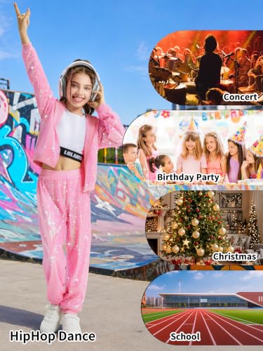 Image of LOLANTA 2Pcs Girls Dance Outfits Cropped Sequin Jacket Pants Set, Kids Hip Hop Dance Costumes for 80s 90s Party 5-15 Years