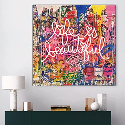 AIVYNA Graffiti Life Is Beautiful Poster Street Art Peinture sur Toile Murale Impressions Photos pour Salon Chambre Décor Sans Cadre 70 × 70 cm