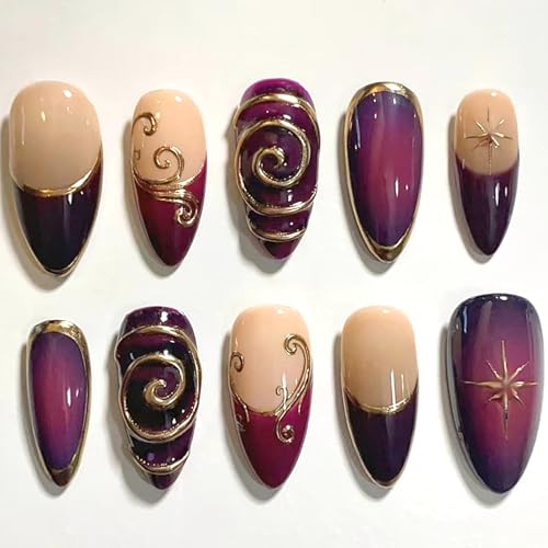 24Pcs French Tip Press on Nails Medium Almond with Irregular 3D Gold Line Purple Night Starlight Design French Style Manicure Glossy False Nails Full Cover Artificial Glue on Stick on Nails for Women