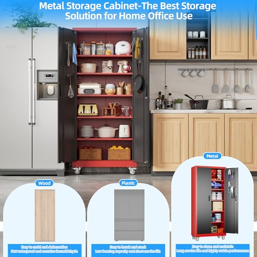 Image of Aobabo Upgrade 71H''*34''W*18''D Metal Garage Storage Cabinet with Wheels and Pegboards, 5 Adjustable Shelves Steel Storage Cabinets for Home,Warehouse,Garage,Assembly Required,Black Red