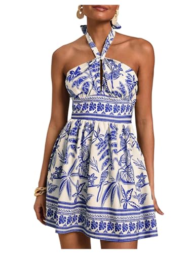 Image of SOLY HUX Tropical Vacation Dress for Women Halter Tie Backless Sundress Sleeveless A Line Short Summer Dresses