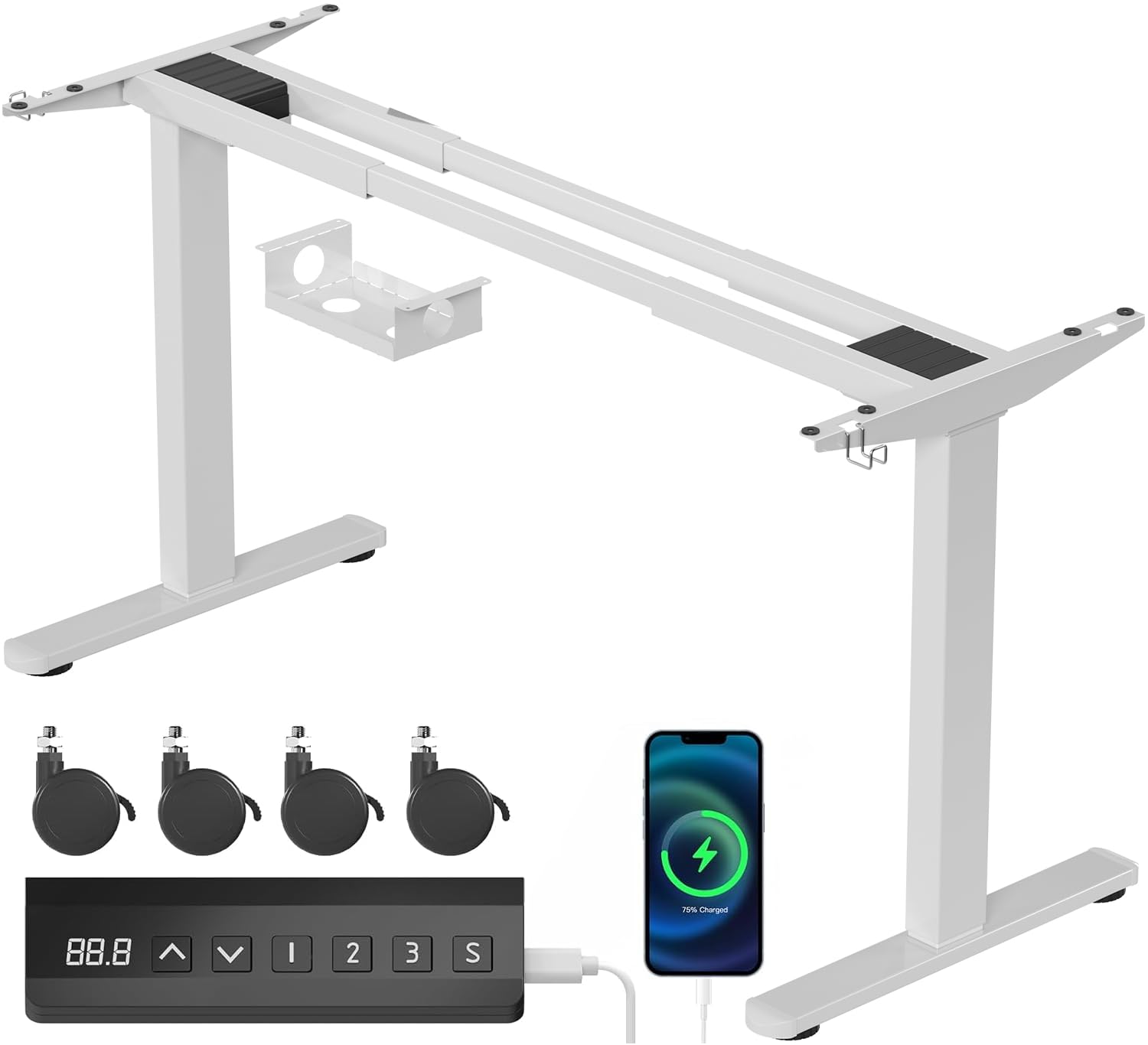 Devoko Estructura de Escritorio Regulable en Altura 73-120cm con 2 Motores Potentes Marco de Escritorio de pie con 3 Botones de Memoria y Ruedas, Ganchos, Caja de Gestión de Cables Blanco