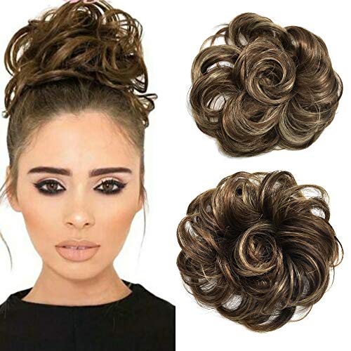 FACE MIRACLE Curly Messy Rose Bun Hair Piece Updo Scrunchie Ponytail Natural As Human Hair (#4T12/26 Darkest Brown To Brown Auburn & Dark Ash Blonde)