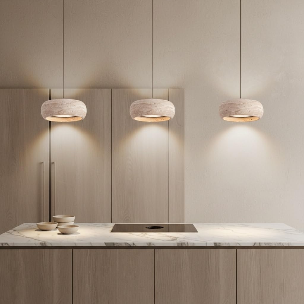 Pendelleuchte Minimalistischer Gelber Travertin, LED Hängelampe Oben Unten Beleuchtung Ringstein Kronleuchter für Schlafzimmer Nachttisch(3 modes)