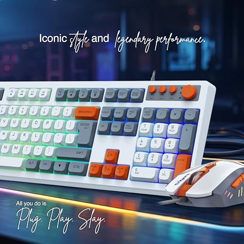 Image of FINGERS CubikCombo Wired Keyboard & Mouse Combo (RGB Backlit Keys, Volume Control Knob, 7200 DPI RGB Mouse, Rugged Build, Plug & Play, Braided Cable), Classic White + Orange-Grey Accents
