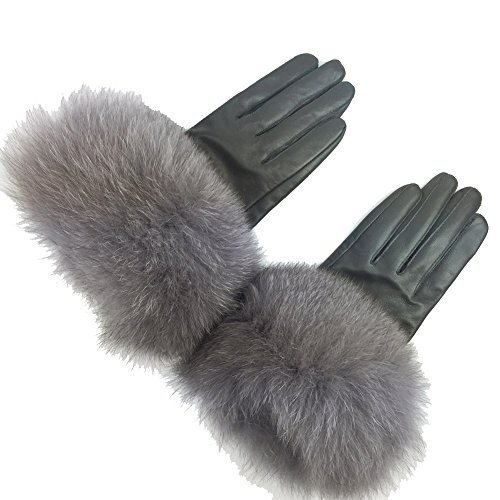 Sandy Ting Winter Women's Lambskin Leather Gloves with Fox Fur Trim Multicolor (Grey, Medium)