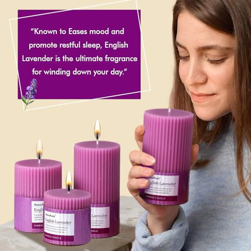 Image of ASIAN AURA Ribbed Pillar Candles - Pack of 3 | Scented Candles for Home Decor, Gifting & Festive Use | Long Burn time up to 36hrs | Clean-Burning Wax & Smokeless Flame (Lavender)