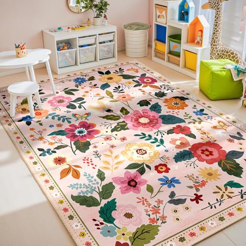 Floral 8x10 Area Rug Machine Washable Soft Print Boho Carpet Non Slip Doormat Low Pile Flower Area Rugs for Living Room Bedroom Nursery Kitchen Dining Room Indoor-Pink